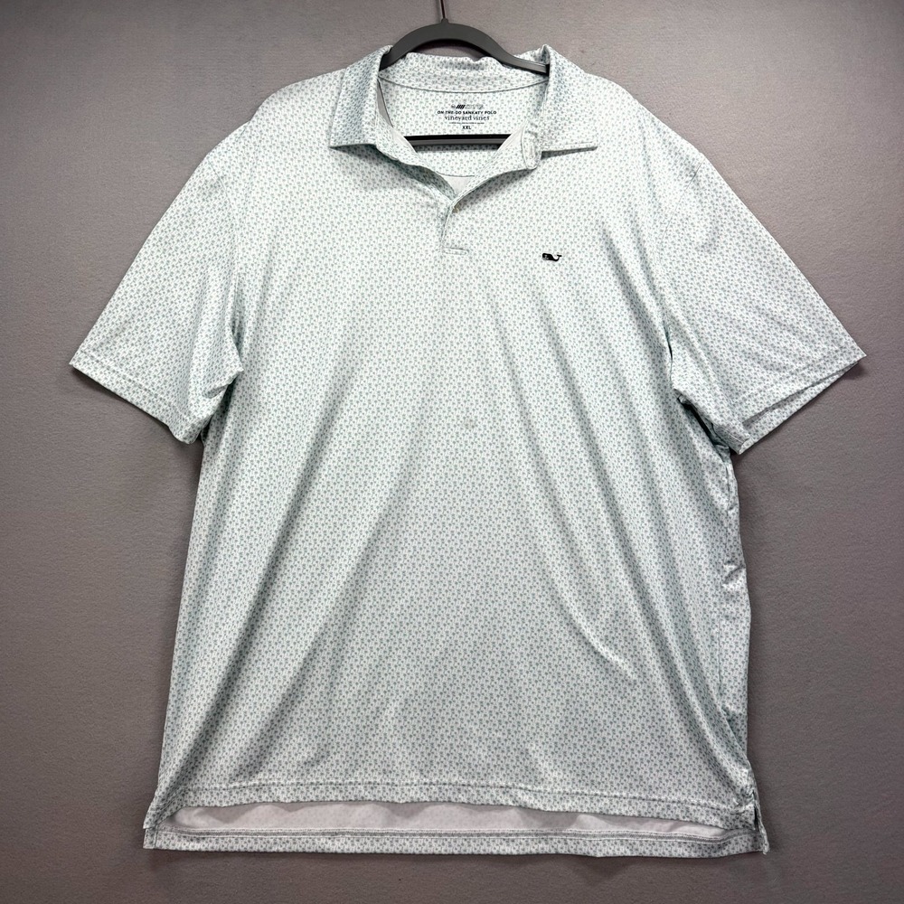 Vineyard Vines On-The-Go Sankaty Polo Shirt Mens‎ 2XL White Teal Palm Trees Golf